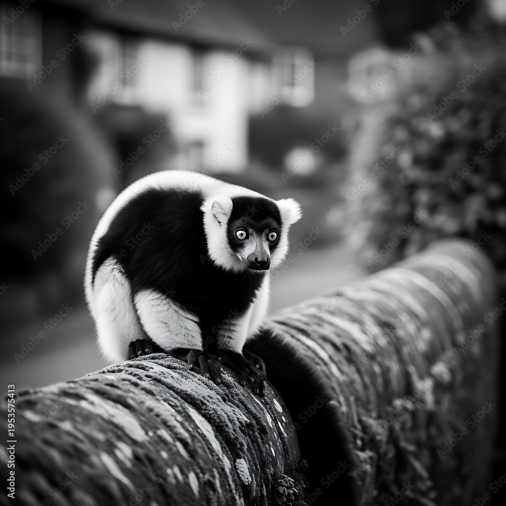 Fototapeta premium Urban Anomaly: Black & White Lemur on a Brick Ledge