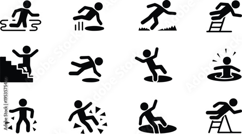 Set of stick figure icons showing slip trip and fall hazards workplace safety warning symbols minimal outline vector illustration