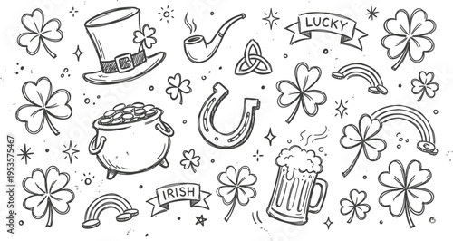 Hand drawn St Patrick's Day doodles with shamrocks beer rainbow
