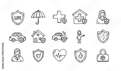 Insurance doodle icon set life shield umbrella health safety vector illustration