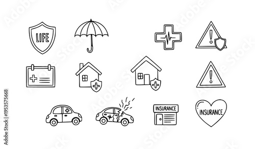 Insurance doodle icons protection safety health and home vector illustration