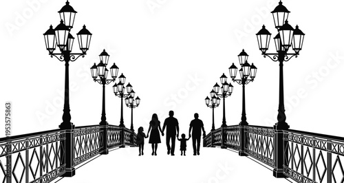 Family walking on vintage street lamp bridge silhouette city promenade vector illustration urban people scene isolated design