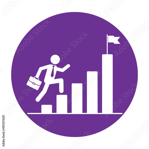 Businessperson climbing bar graph steps holding briefcase toward flag goal