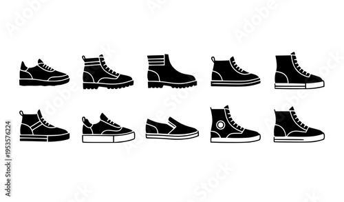 Urban footwear icon set with sneakers, skate shoes, boots, and street fashion silhouettes in black vector design