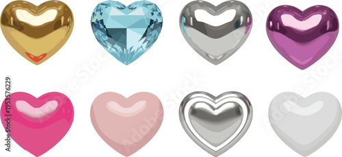 Glossy metallic and gemstone heart icons collection with gold silver pink blue romantic shapes isolated vector illustration for love design