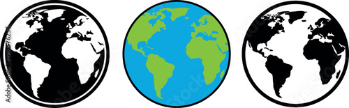 Stylized Earth globes, colorful continents and monochrome versions, educational environmental planet comparison design