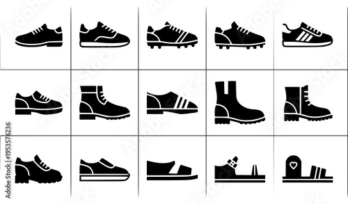 Grid-ready shoe silhouette icon pack with sneakers, boots, sandals, and slippers for pattern design in black vector