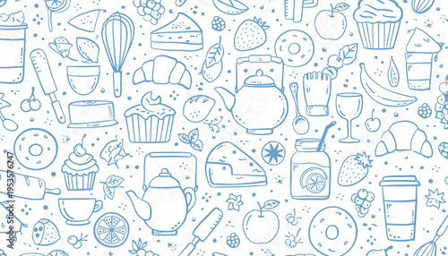 A whimsical doodle pattern featuring an assortment of food and beverage items, perfect for creative projects