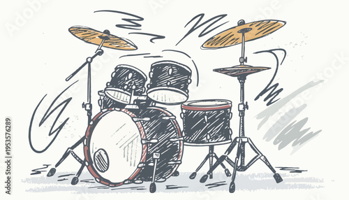 Hand-drawn sketchy illustration of a classic drum kit, capturing the raw energy and rhythm of musical expression with a vintage artistic feel