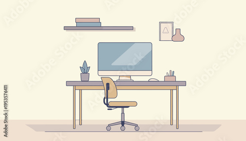 Modern Home Office Setup Featuring a Computer, Chair, Desk, and Shelves with Decorative Items