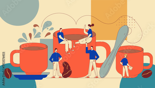 Warm and inviting flat illustration depicting the communal joy of coffee breaks, with tiny figures engaging playfully around oversized cups and beans, celebrating the comforting daily routine