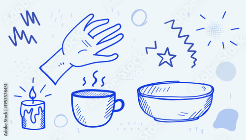 Abstract doodle concept featuring hand-drawn comfort elements a candle, steaming mug, and a welcoming hand, representing everyday ideas and simple routines in a clean style