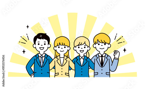 肩を組んで頑張る、複数の男女の新入社員・就活生・会社員の上半身ベクターイラスト素材