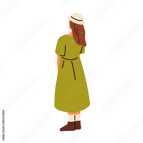 Woman in hat and summer dress, standing, back behind view. Modern young girl in trendy outfit, fashion apparel, clothing, panama. Stylish female. Flat vector illustration isolated on white background
