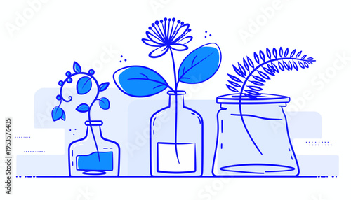 Minimalist line art illustration of various fresh botanical plants and delicate flowers in clear glass vases, embodying natural serenity and modern aesthetic with clean decorative lines