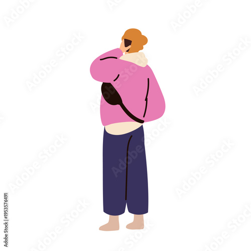 Person standing with smartphone at ear, mobile phone call outdoors, back behind view. Modern casual young character with cellphone on street. Flat vector illustration isolated on white background