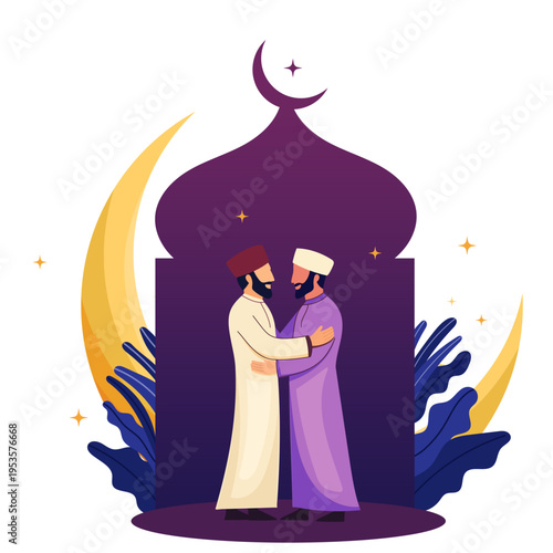 Two Muslim men embracing in front of mosque arch with crescent moon and botanical accents, warm Eid Mubarak celebration vector scene about unity and brotherhood