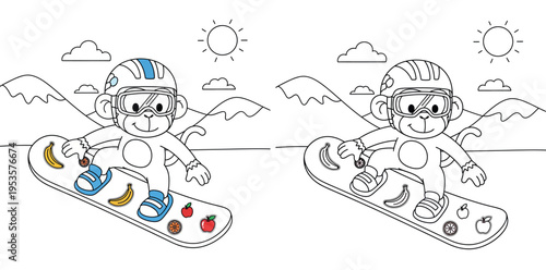 Cute monkey cartoon snowboarding on mountain vector illustration. Happy animal character wearing helmet riding snowboard with fruit stickers. Funny winter sport mascot for kids coloring book.