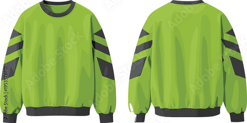 Green sweatshirt front and back technical fashion illustration with sleeve stripes casual apparel vector template isolated clothing mockup design