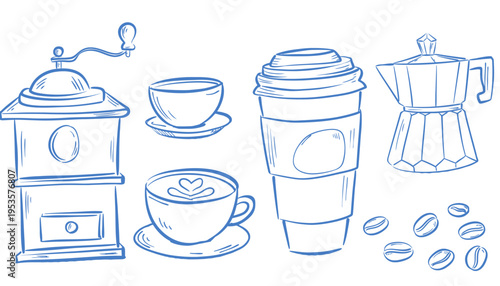 A charming blue sketch collection featuring a vintage coffee grinder, cups, a to-go mug, moka pot, and scattered coffee beans, evoking a cozy morning cafe atmosphere