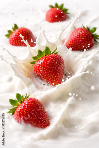 Fresh Strawberries Splashing into Creamy White Milk, Dynamic Food Photography