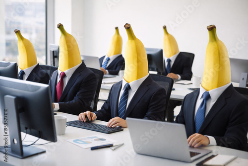 Surreal Business Concept of Office Workers in Suits with Banana Heads Working at Computers in Modern Workplace
