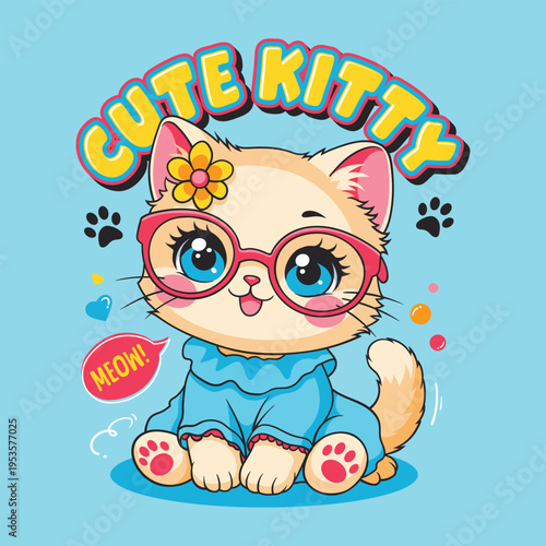 Cartoon Adorable Kitty with Flower and Glasses Animal Cute Character