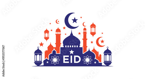 A vibrant eid al fitr illustration featuring a mosque crescent moon and stars silhouette high quality professional