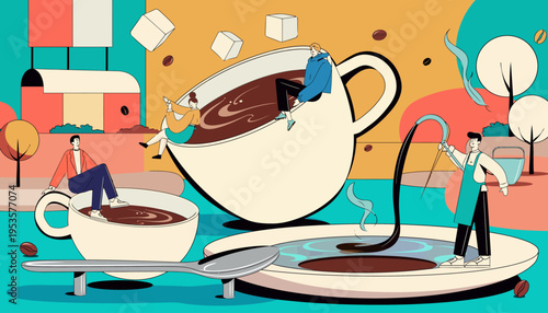 Whimsical illustration of tiny people enjoying a giant coffee ritual, highlighting the cozy preparation and delightful energy of a morning brew