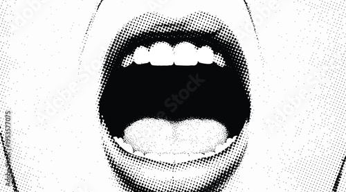 Closeup of a persons open mouth with teeth on isolated white background in black and white halftone style