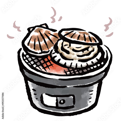 七輪で焼く帆立　筆タッチ手描きイラスト