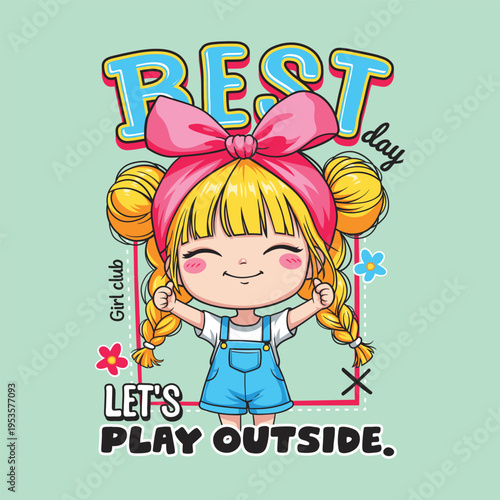 Cartoon Style Cheerful Little Girl with Braids and Typography Illustration