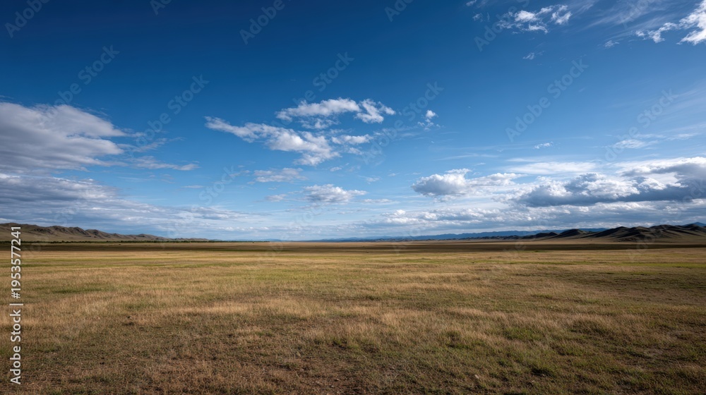 Obraz premium Expansive grassland landscape under a blue sky with scattered clouds, distant mountains visible on the horizon in a serene natural environment