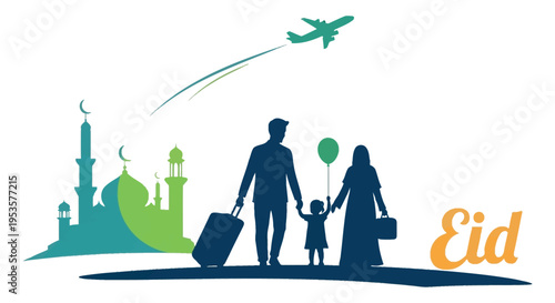 A family travels for eid celebrations with a mosque and airplane backdrop silhouette high quality professional