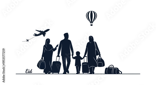 A family travels with luggage featuring an airplane and mosque in the background silhouette high quality