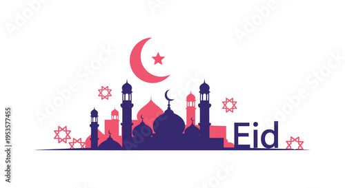 A vibrant eid al fitr celebration featuring a mosque and crescent moon silhouette high quality professional detailed