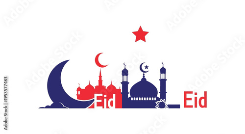 A vibrant eid al fitr illustration featuring a mosque crescent moon and star silhouette high quality professional