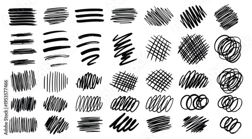Collection of various black scribbles and hand drawn lines on white background