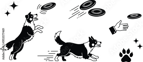 Dog playing with a flying disc. Dog jumping to catch a disc and running to fetch one. Throwing hand, the flying disc in motion, sparkle icons, and a paw print.  Pet agility, training, outdoor activity