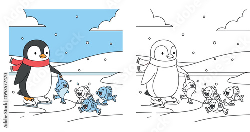 Cute cartoon penguin with red scarf ice skating with little happy fish friends, funny winter vector illustration on snowy background for kids.