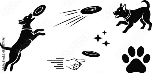 Dog playing with a flying disc. Dog jumping to catch a disc and running to fetch one. Throwing hand, the flying disc in motion, sparkle icons, and a paw print.  Pet agility, training, outdoor activity