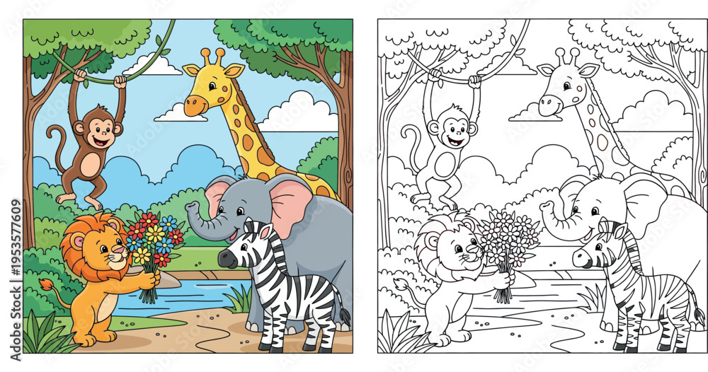 Fototapeta premium Cute cartoon jungle animals group including lion holding flowers, monkey, giraffe, elephant and zebra, happy vector illustration in forest nature background for kids book.