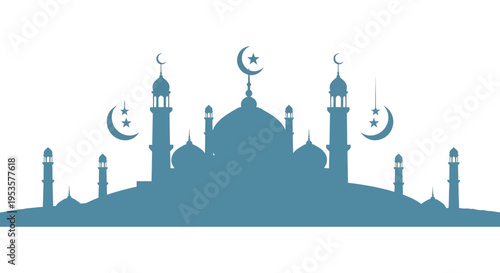 A detailed blue silhouette of a mosque with crescent moons and stars a peaceful islamic scene silhouette
