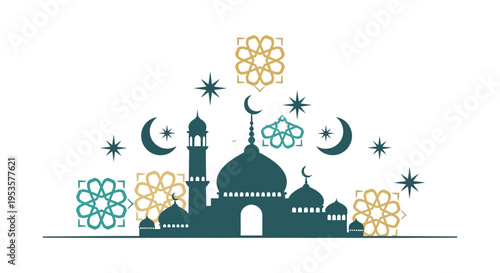 An ornate islamic mosque design featuring crescent moons and geometric patterns a dark silhouette high quality
