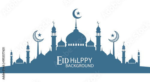 An elegant blue islamic mosque scene with crescent moons and stars a festive eid silhouette