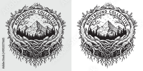 Intricate Root Frame with Mountain and Pine Forest Landscape Logo