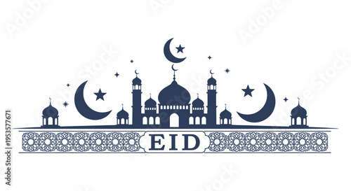 An elegant eid al fitr scene featuring a mosque and crescent moons a beautiful silhouette high quality