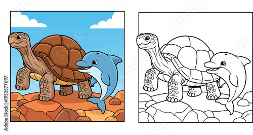 Cute cartoon turtle and blue dolphin friends posing together on rocky ground, happy vector illustration of land and sea animals with sky background for kids book.