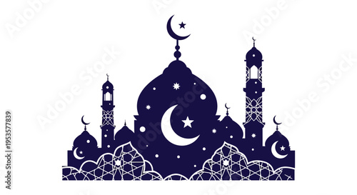 An elegant dark blue silhouette of a mosque with crescent moons and stars a peaceful scene silhouette