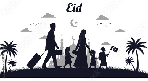 A family walks towards a mosque during eid al fitr showcasing a celebratory silhouette high quality professional
